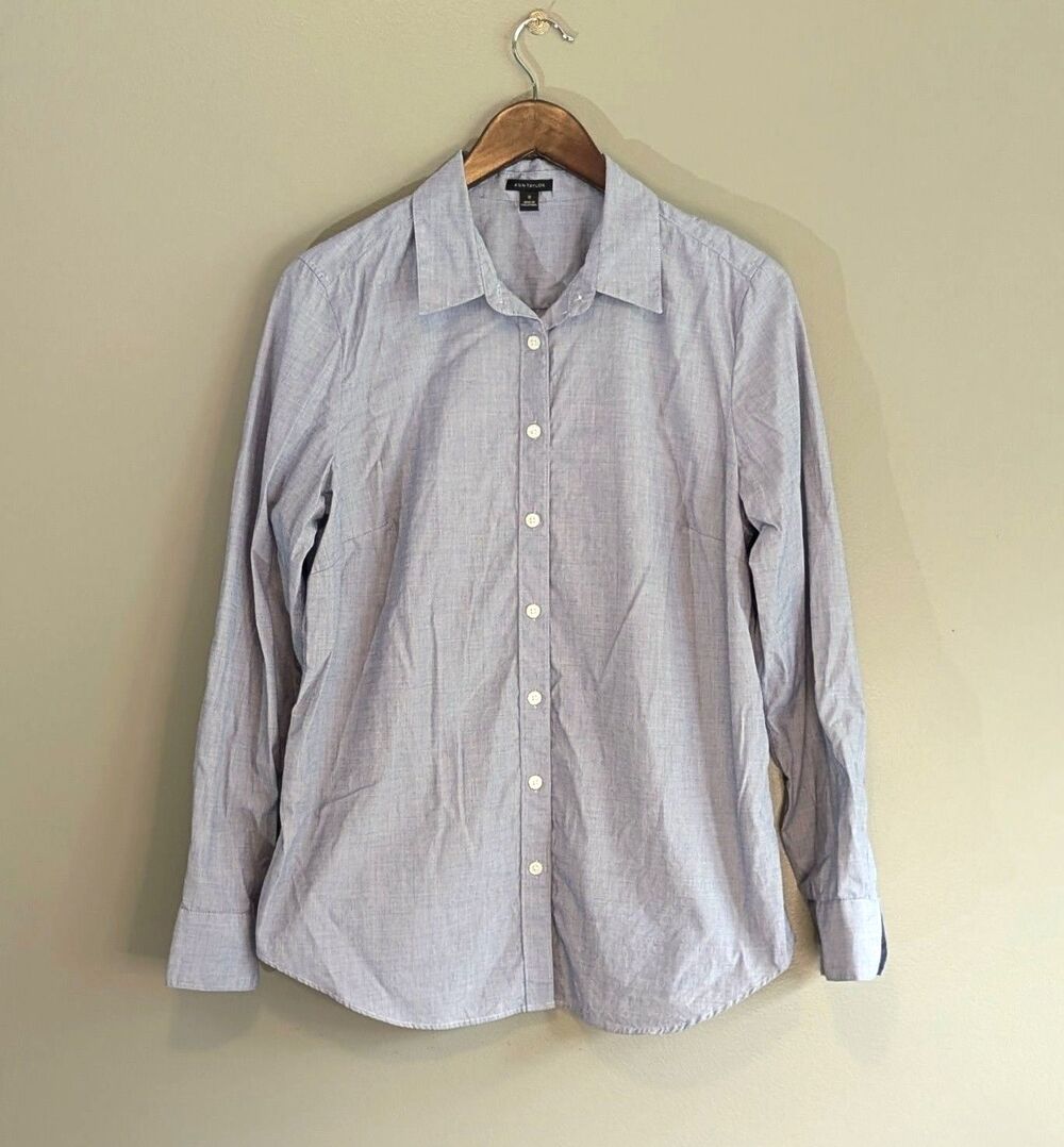 Ann Taylor Womens 12 Blue Chambray Button Up Shirt Blouse Long Sleeve Cotton